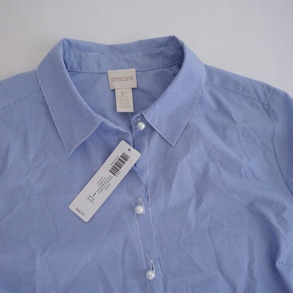 Chico's Blue White Stripe Lace Balloon Sleeve Button Up Cotton Blend Shirt 1P - Picture 8 of 12